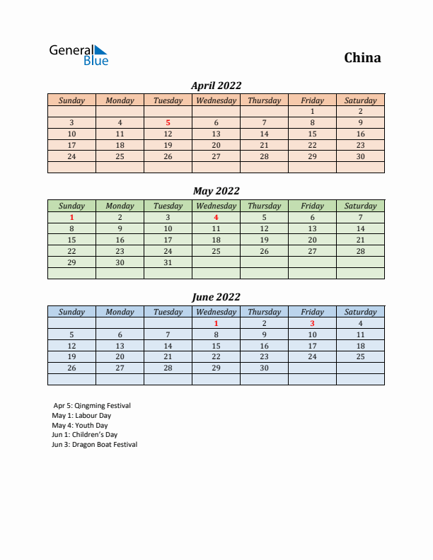 Q2 2022 Holiday Calendar - China