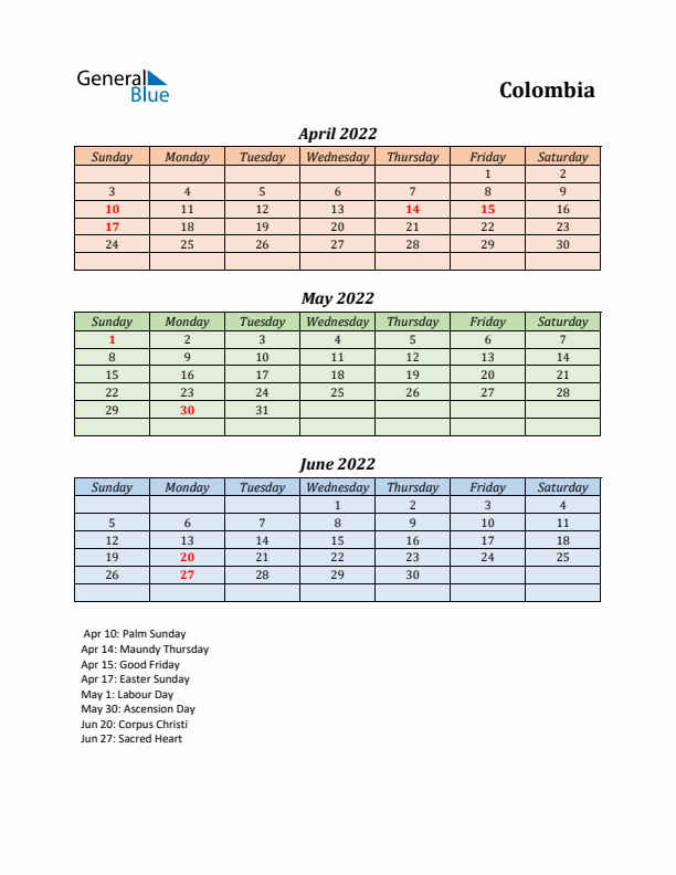 Q2 2022 Holiday Calendar - Colombia