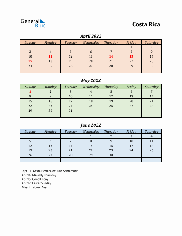 Q2 2022 Holiday Calendar - Costa Rica