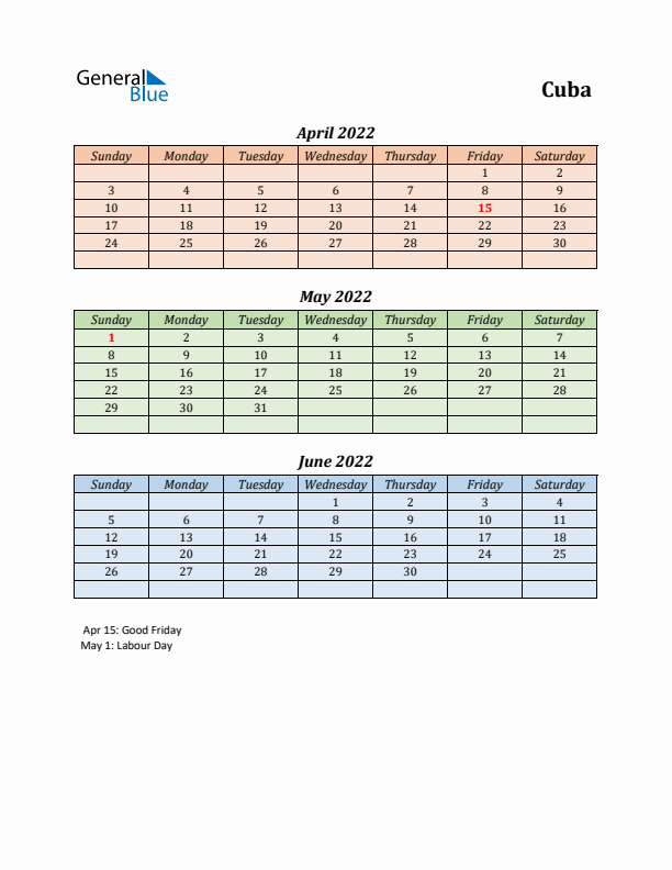 Q2 2022 Holiday Calendar - Cuba