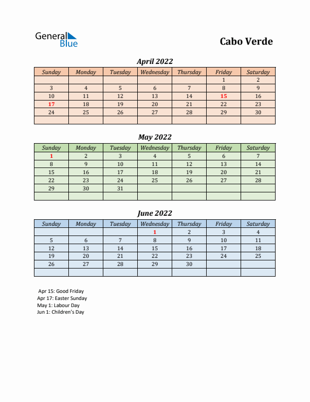 Q2 2022 Holiday Calendar - Cabo Verde