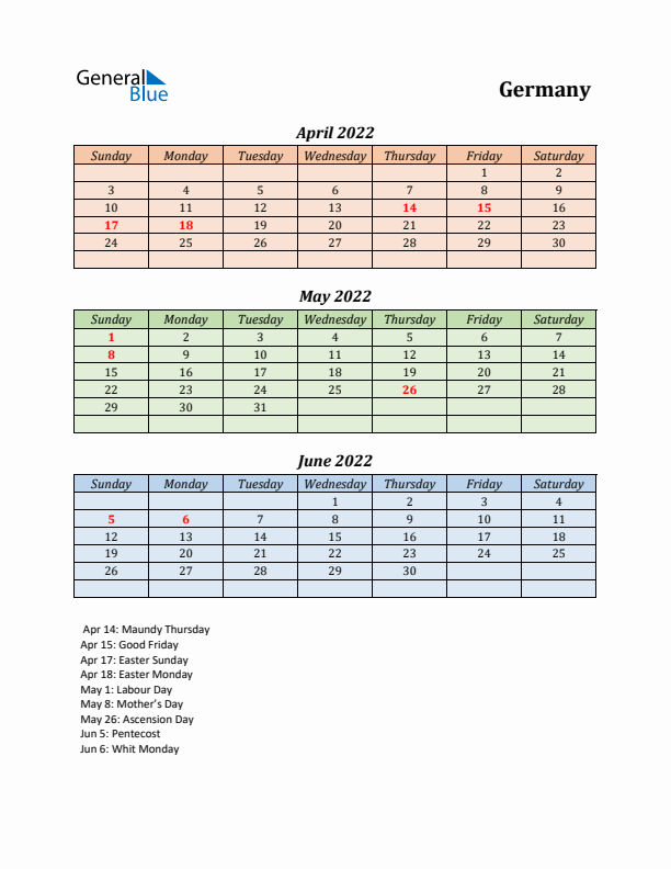 Q2 2022 Holiday Calendar - Germany