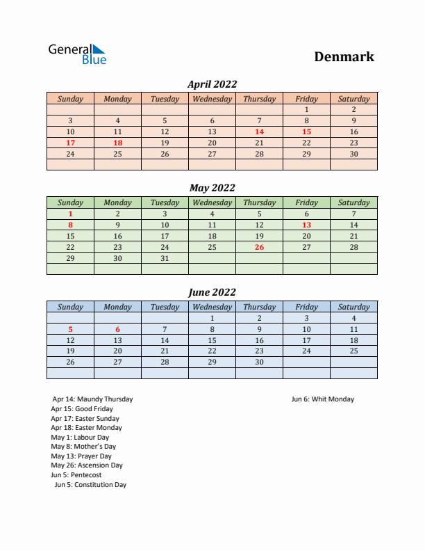 Q2 2022 Holiday Calendar - Denmark