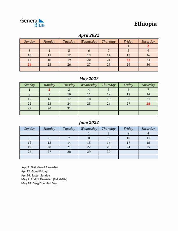 Q2 2022 Holiday Calendar - Ethiopia