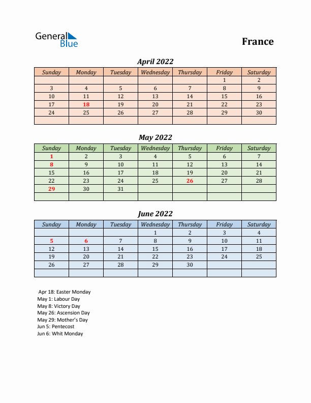 Q2 2022 Holiday Calendar - France