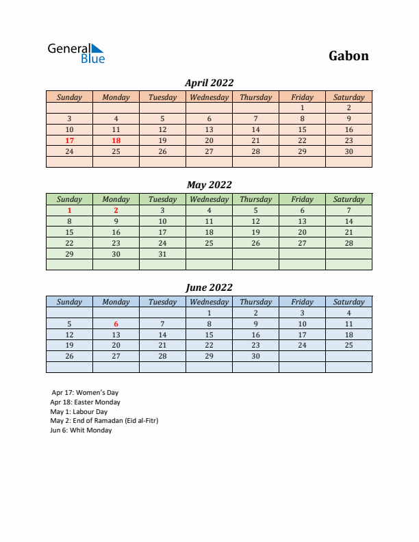 Q2 2022 Holiday Calendar - Gabon