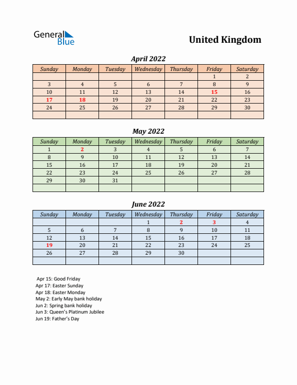 Q2 2022 Holiday Calendar - United Kingdom