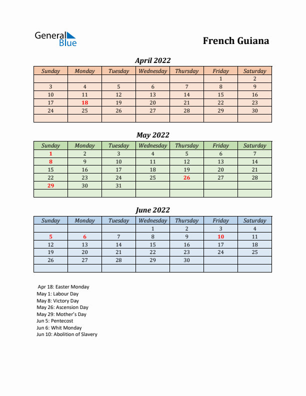 Q2 2022 Holiday Calendar - French Guiana