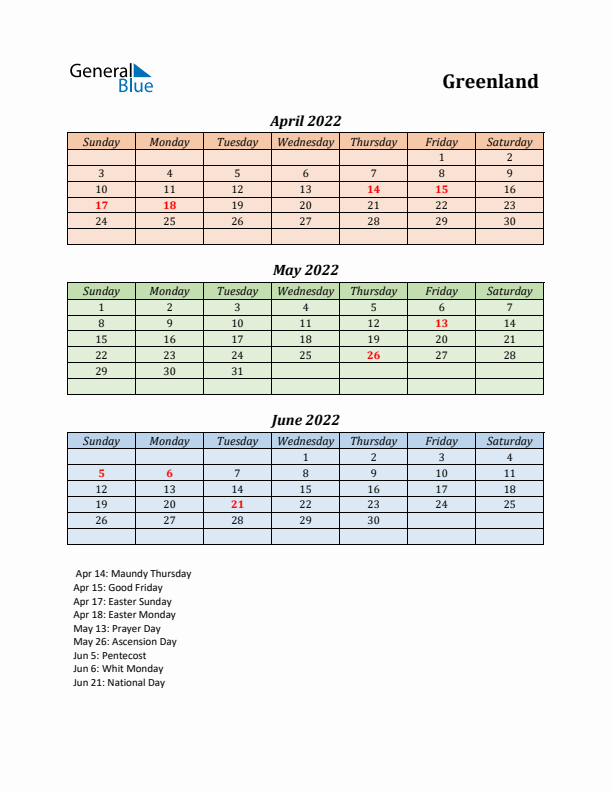 Q2 2022 Holiday Calendar - Greenland