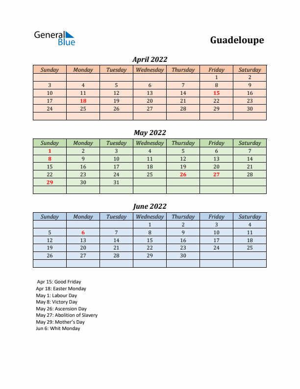 Q2 2022 Holiday Calendar - Guadeloupe