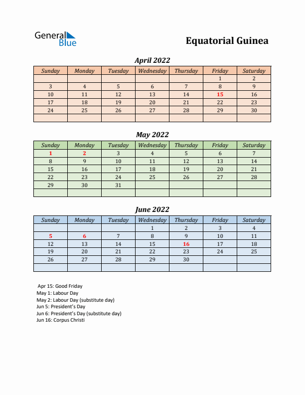 Q2 2022 Holiday Calendar - Equatorial Guinea