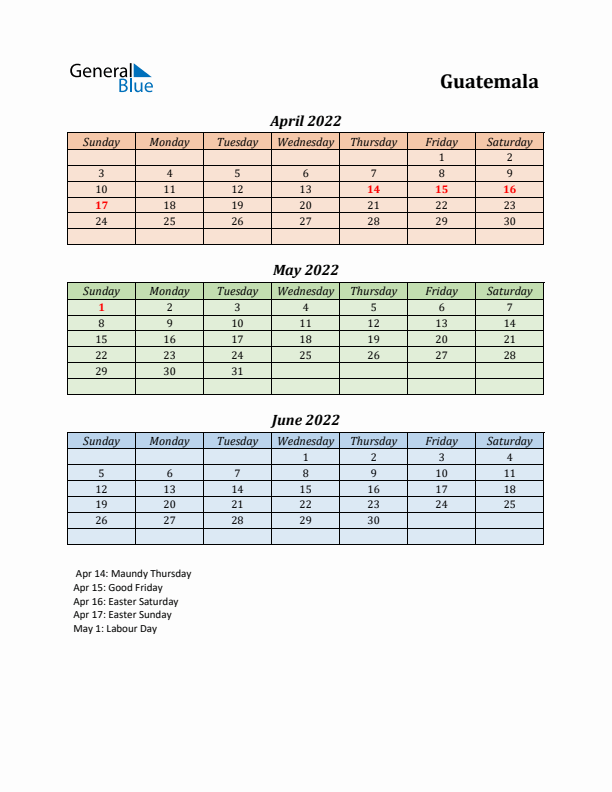 Q2 2022 Holiday Calendar - Guatemala