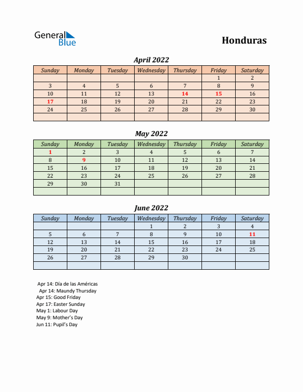 Q2 2022 Holiday Calendar - Honduras