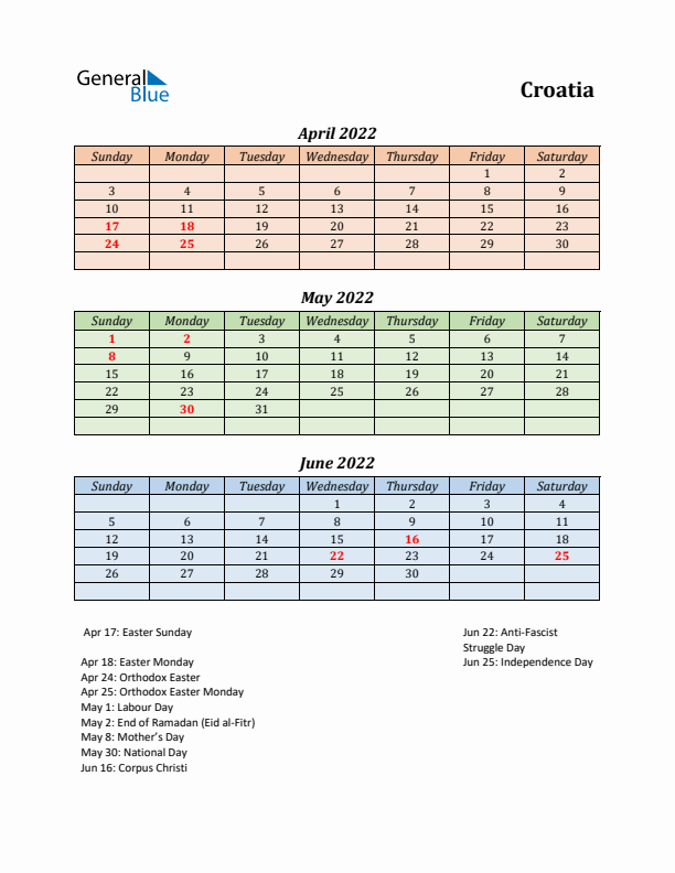 Q2 2022 Holiday Calendar - Croatia