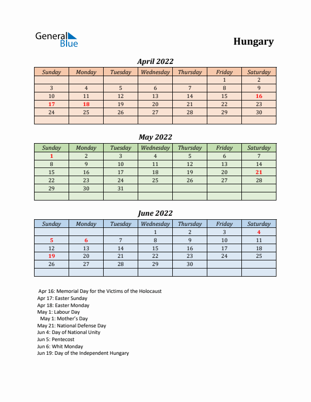 Q2 2022 Holiday Calendar - Hungary