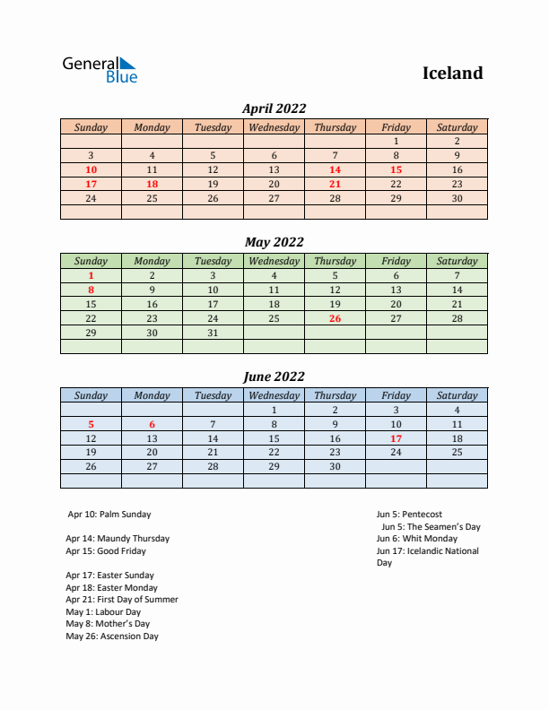 Q2 2022 Holiday Calendar - Iceland