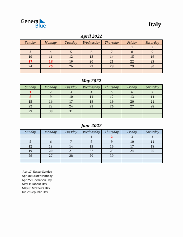 Q2 2022 Holiday Calendar - Italy