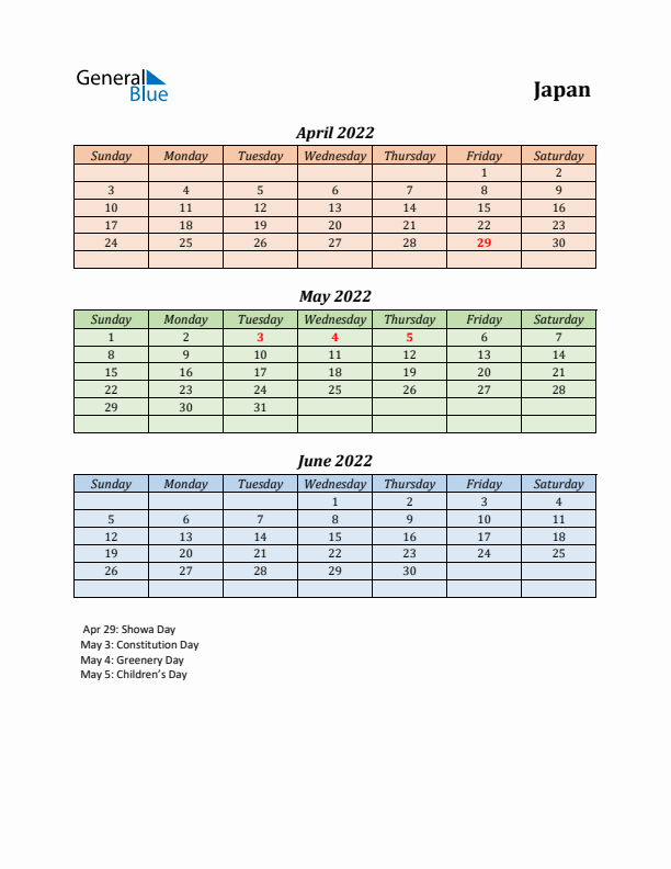 Q2 2022 Holiday Calendar - Japan