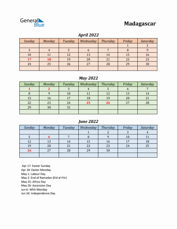 Q2 2022 Holiday Calendar - Madagascar