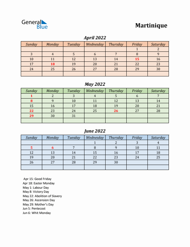 Q2 2022 Holiday Calendar - Martinique