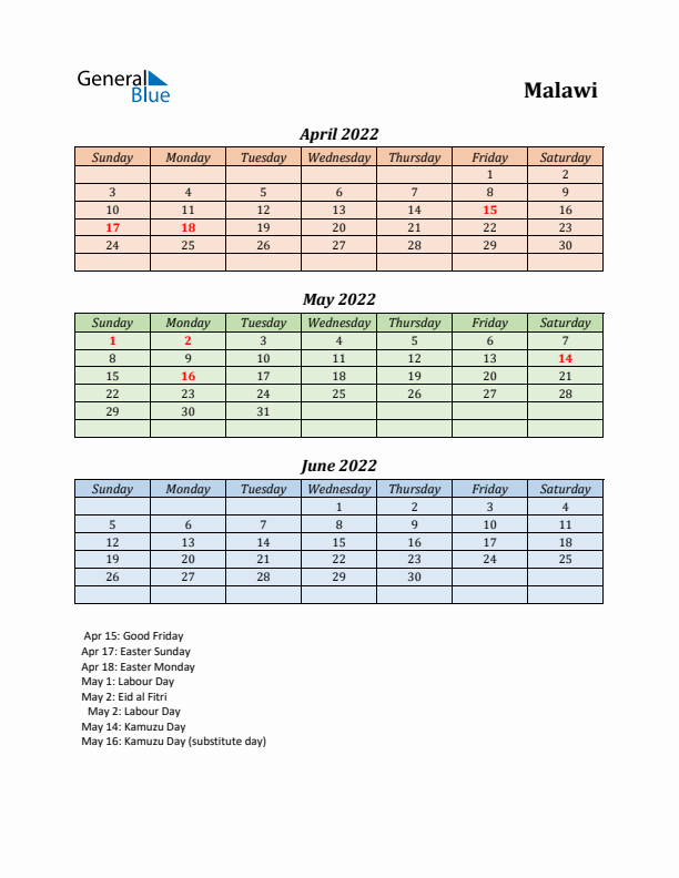 Q2 2022 Holiday Calendar - Malawi