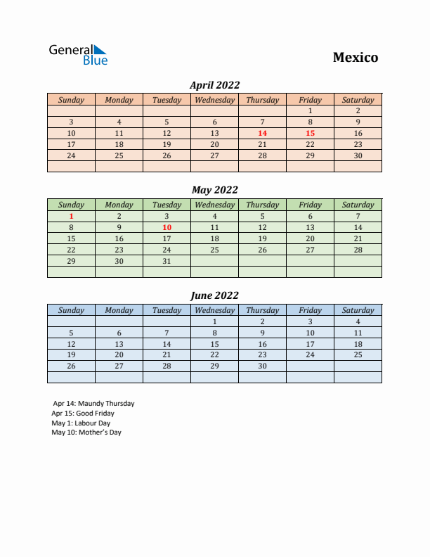 Q2 2022 Holiday Calendar - Mexico