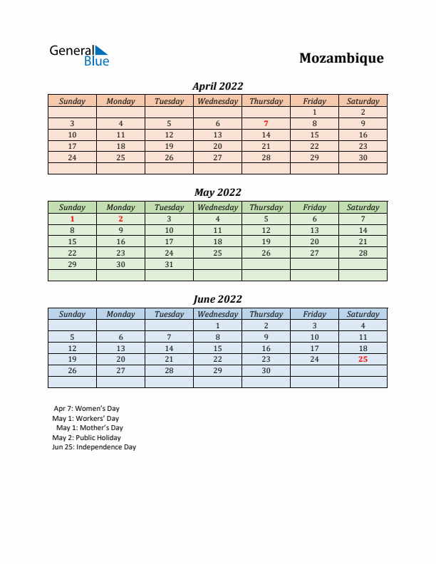 Q2 2022 Holiday Calendar - Mozambique