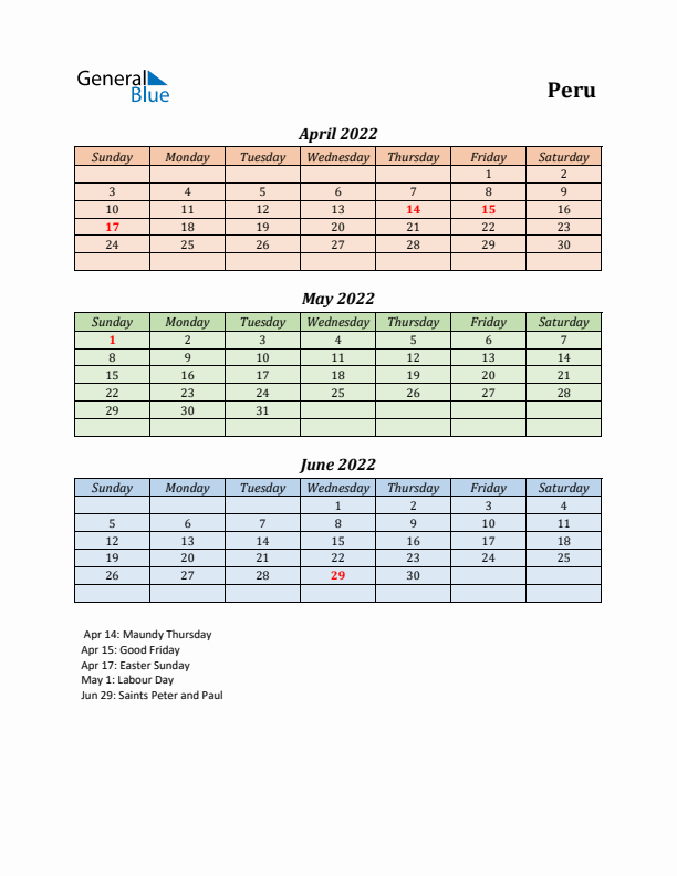 Q2 2022 Holiday Calendar - Peru