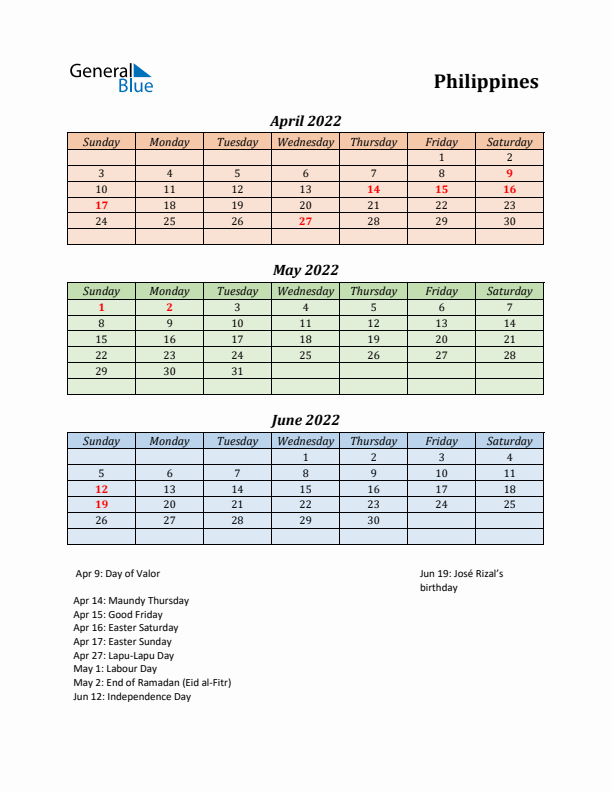 Q2 2022 Holiday Calendar - Philippines