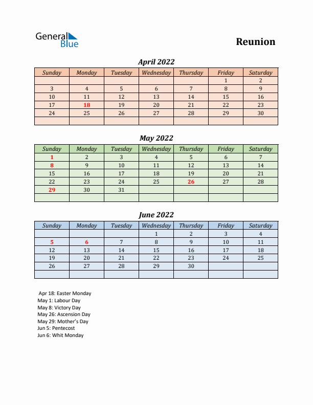 Q2 2022 Holiday Calendar - Reunion