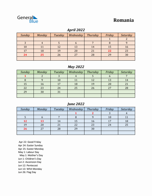 Q2 2022 Holiday Calendar - Romania