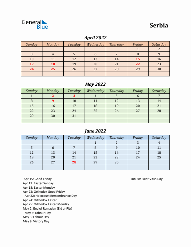 Q2 2022 Holiday Calendar - Serbia