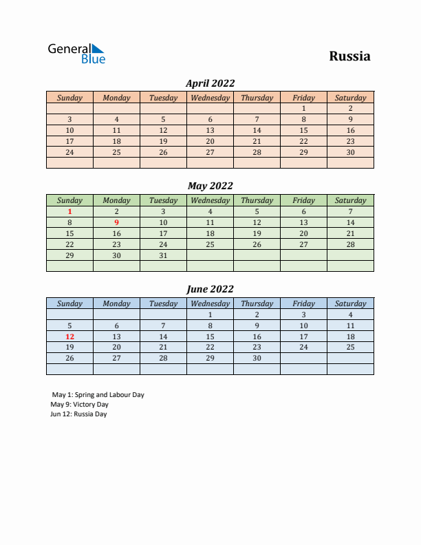 Q2 2022 Holiday Calendar - Russia