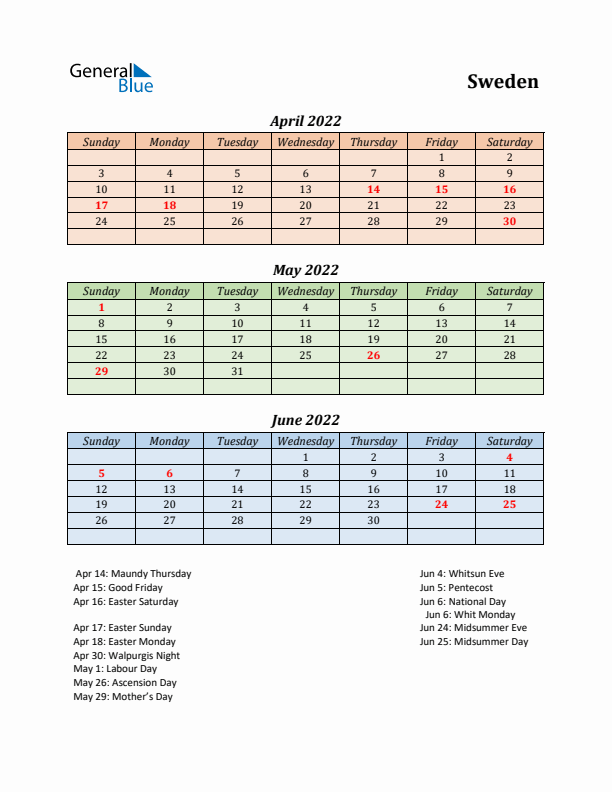 Q2 2022 Holiday Calendar - Sweden