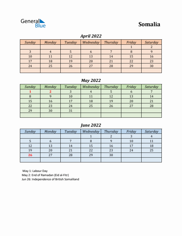 Q2 2022 Holiday Calendar - Somalia