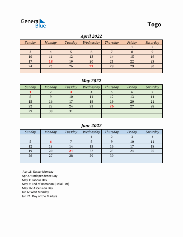 Q2 2022 Holiday Calendar - Togo