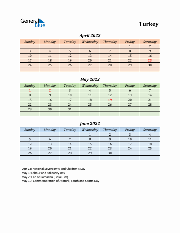 Q2 2022 Holiday Calendar - Turkey