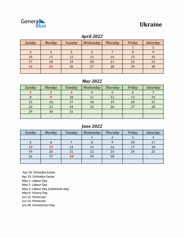 Q2 2022 Holiday Calendar - Ukraine