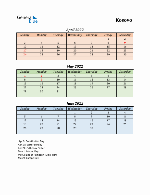 Q2 2022 Holiday Calendar - Kosovo