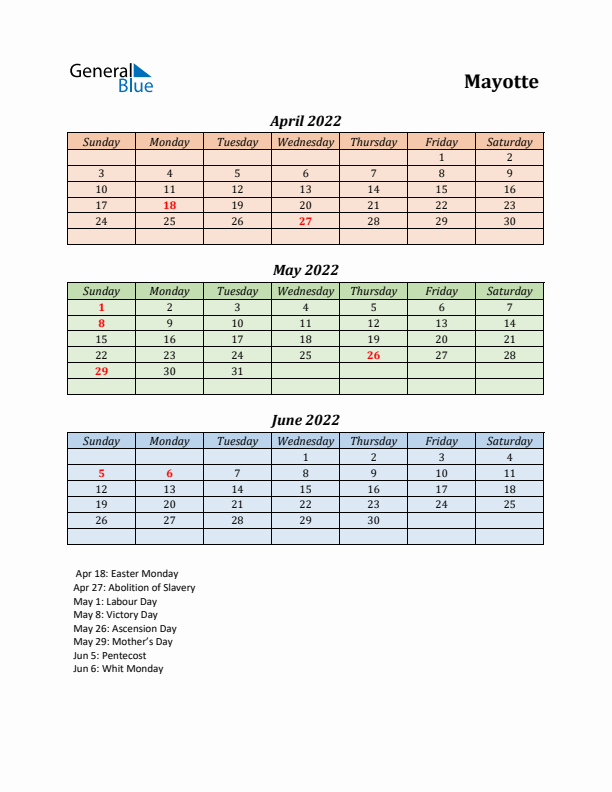 Q2 2022 Holiday Calendar - Mayotte