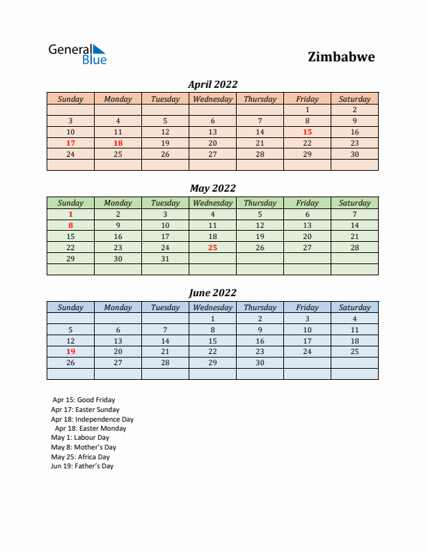 Q2 2022 Holiday Calendar - Zimbabwe