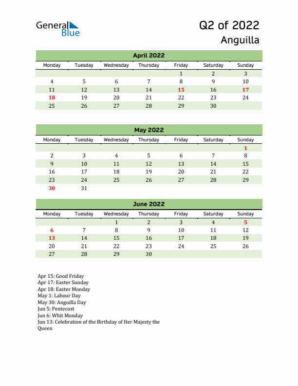 Quarterly Calendar 2022 with Anguilla Holidays