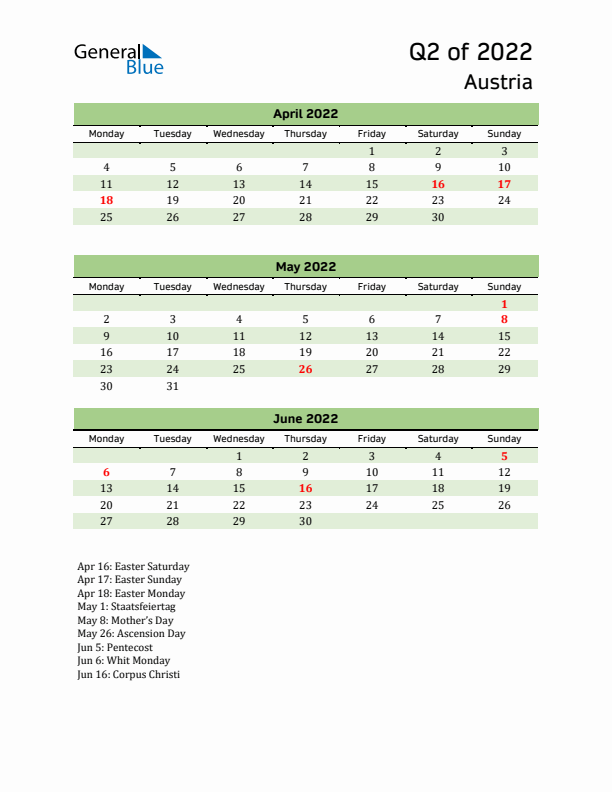 Quarterly Calendar 2022 with Austria Holidays