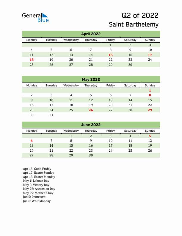 Quarterly Calendar 2022 with Saint Barthelemy Holidays