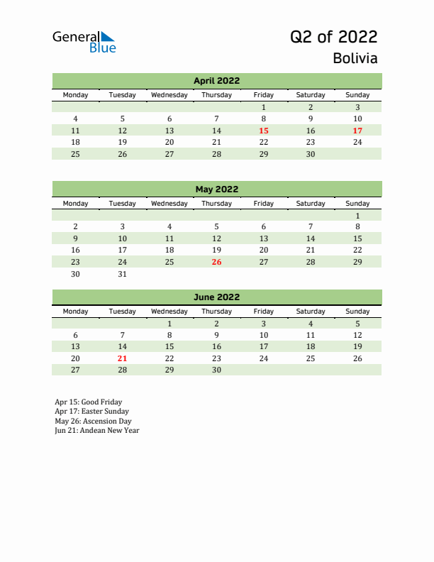 Quarterly Calendar 2022 with Bolivia Holidays