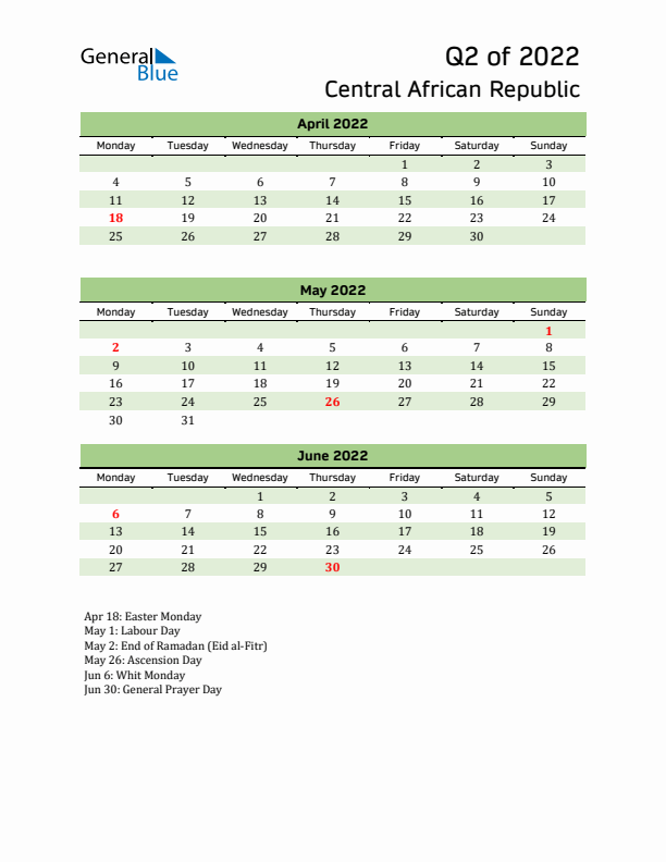 Quarterly Calendar 2022 with Central African Republic Holidays