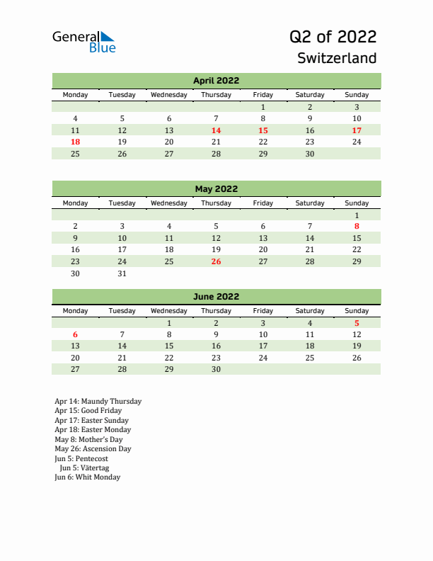 Quarterly Calendar 2022 with Switzerland Holidays