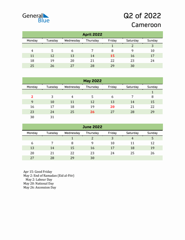 Quarterly Calendar 2022 with Cameroon Holidays