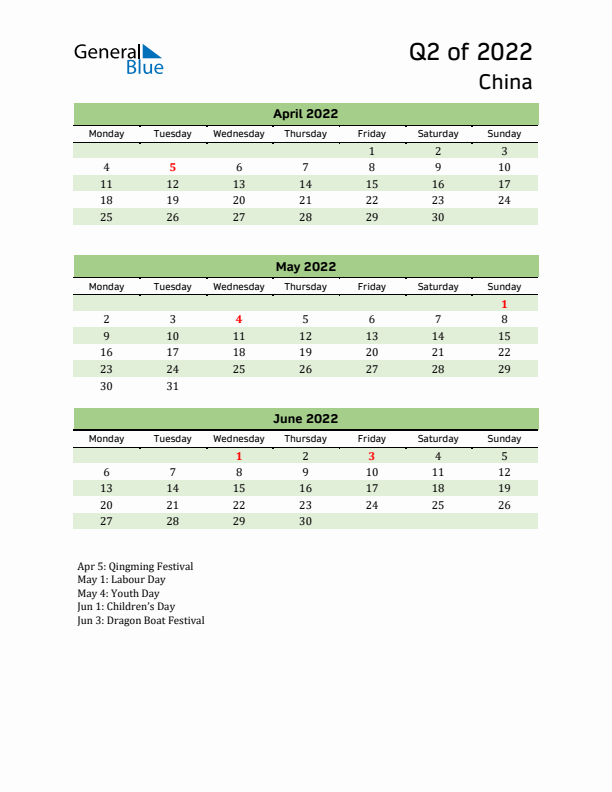 Quarterly Calendar 2022 with China Holidays