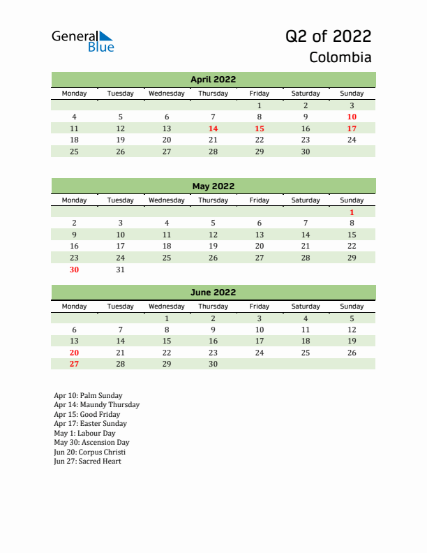 Quarterly Calendar 2022 with Colombia Holidays